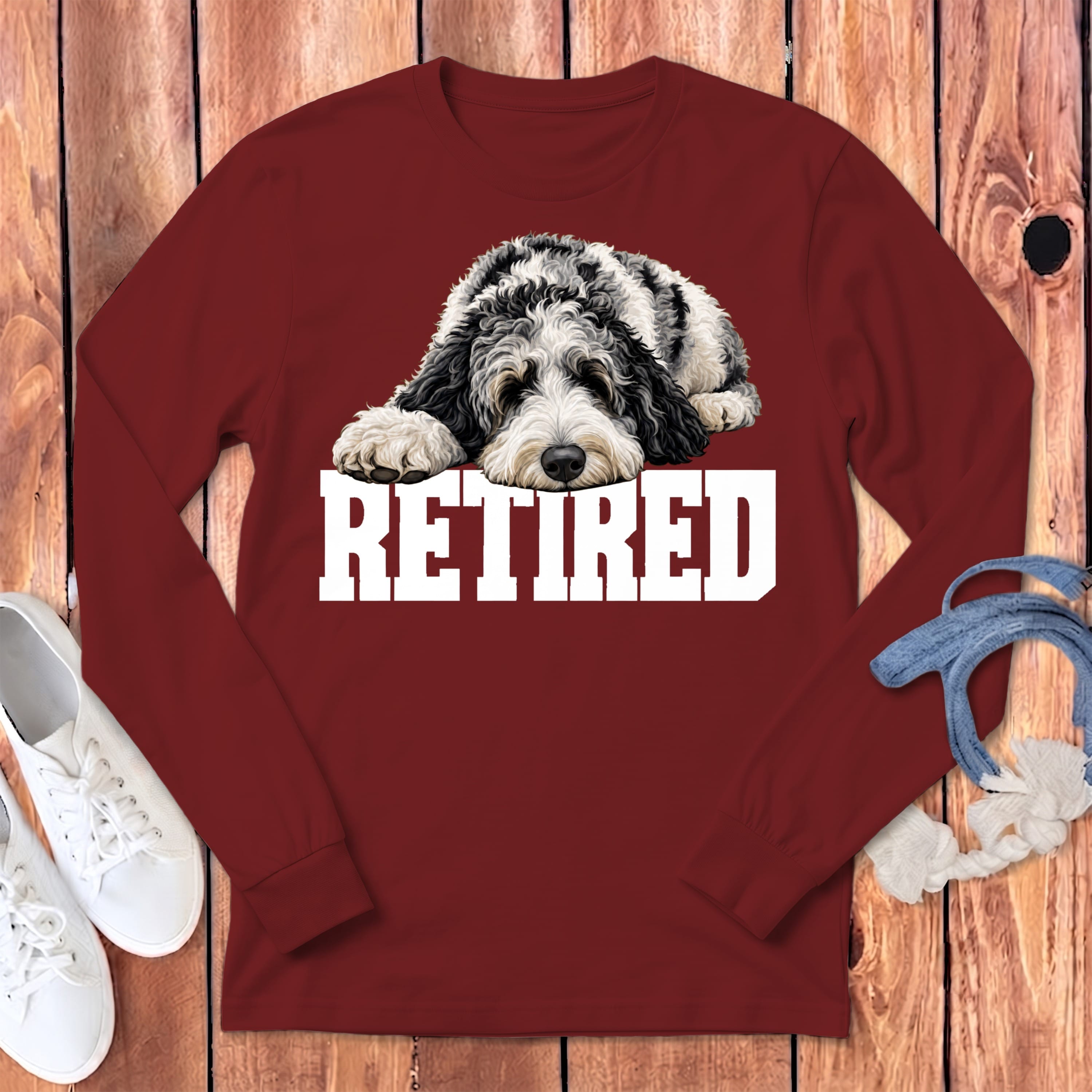 Retired Sleeping Merle Goldendoodle Long Sleeve T-Shirt in Cardinal / S by Puppy Jo