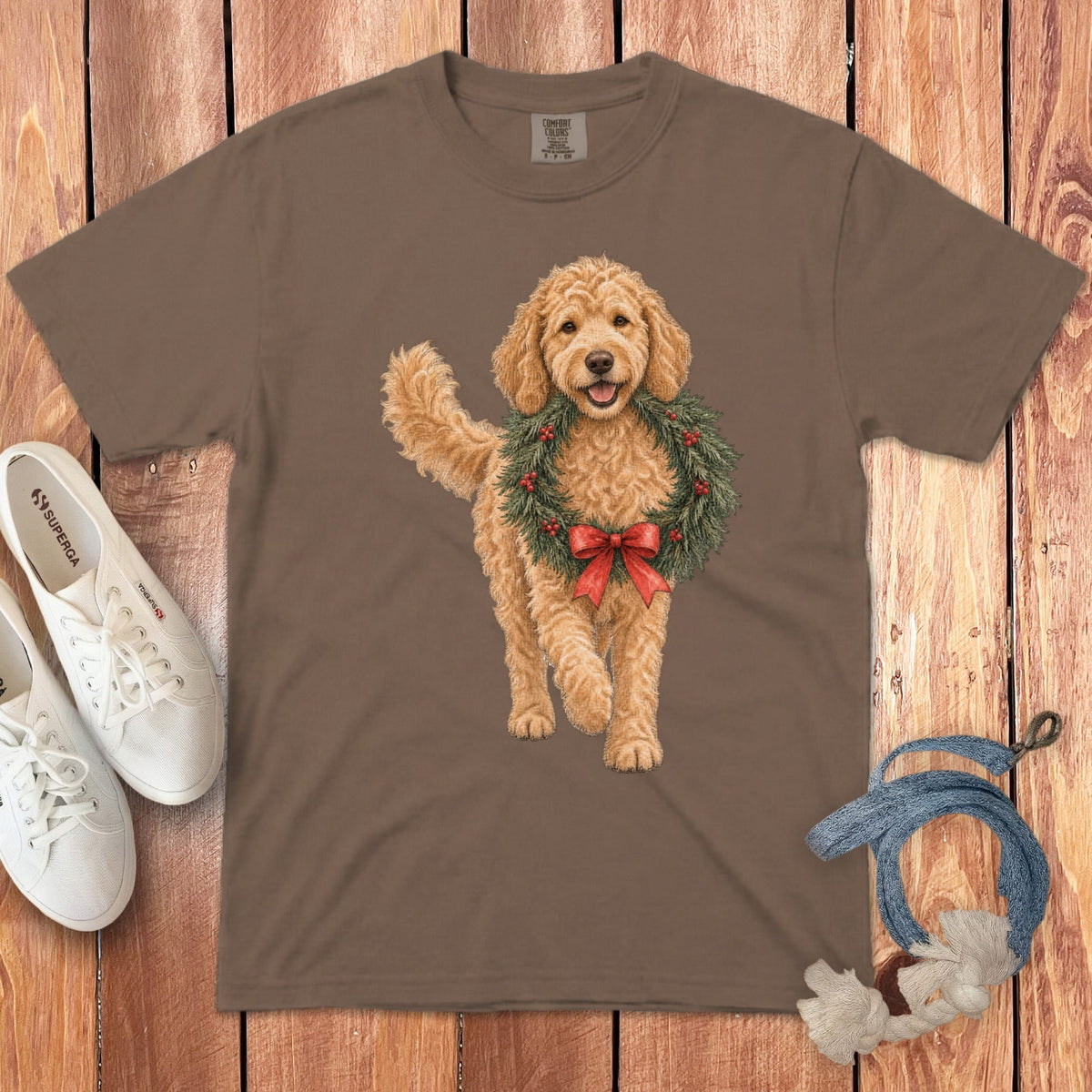 Apricot Goldendoodle Wreath Signature T-Shirt in Espresso / S by Puppy Jo