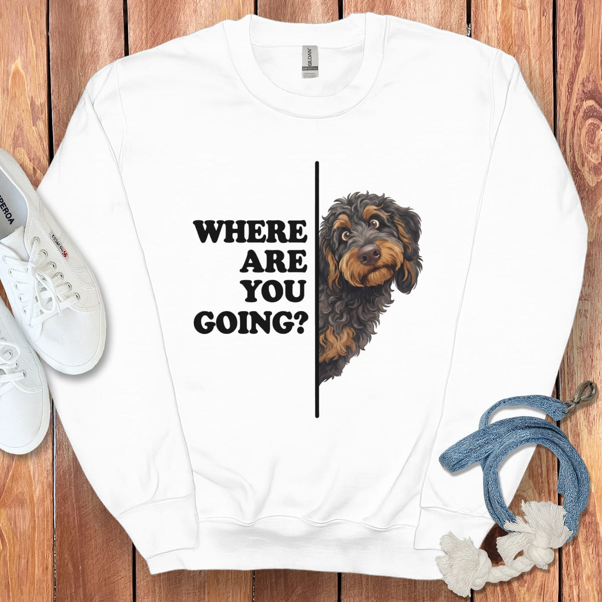 Where Going Phantom Goldendoodle Sweatshirt in White / S by Puppy Jo