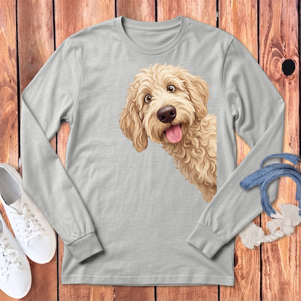 Light grey long-sleeve shirt with a golden doodle illustration peeking from the right side.