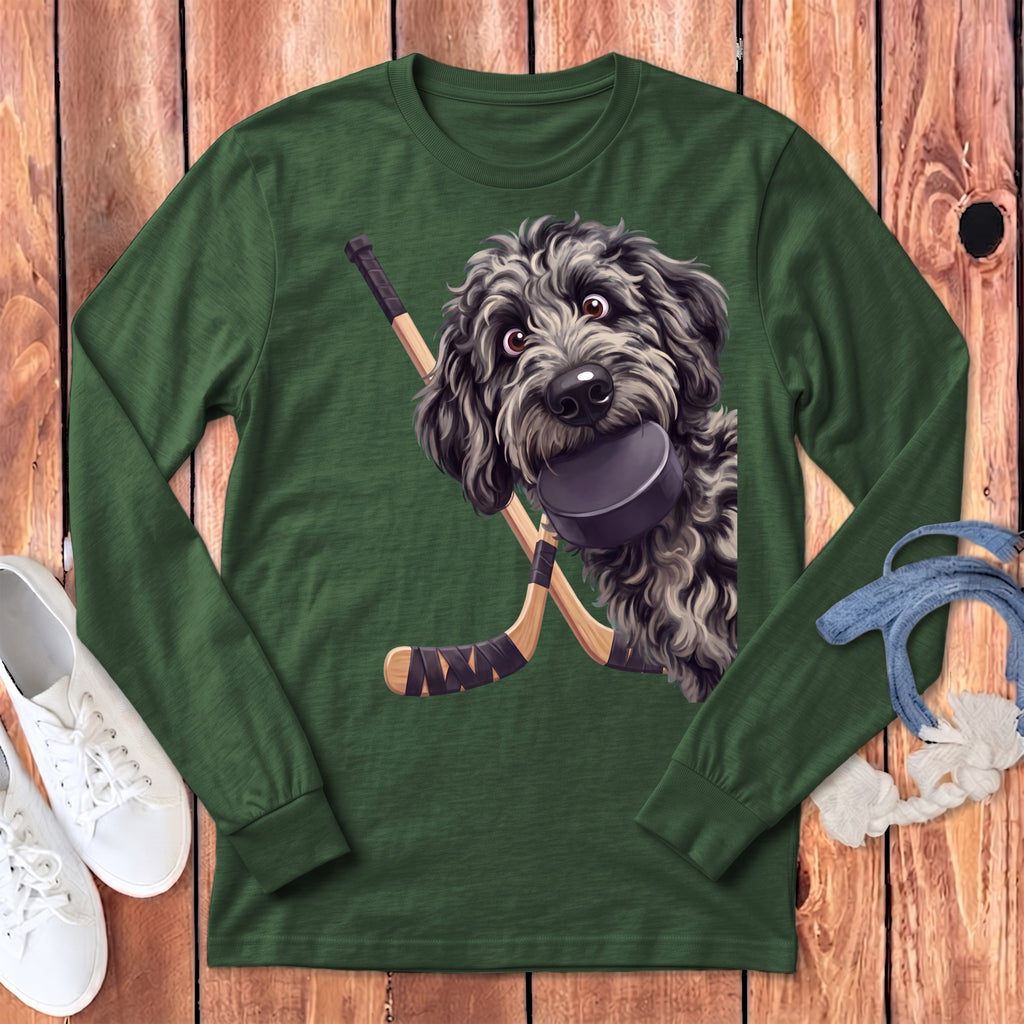 Merle Goldendoodle Hockey Long Sleeve T-Shirt in Heather Forest / S by Puppy Jo