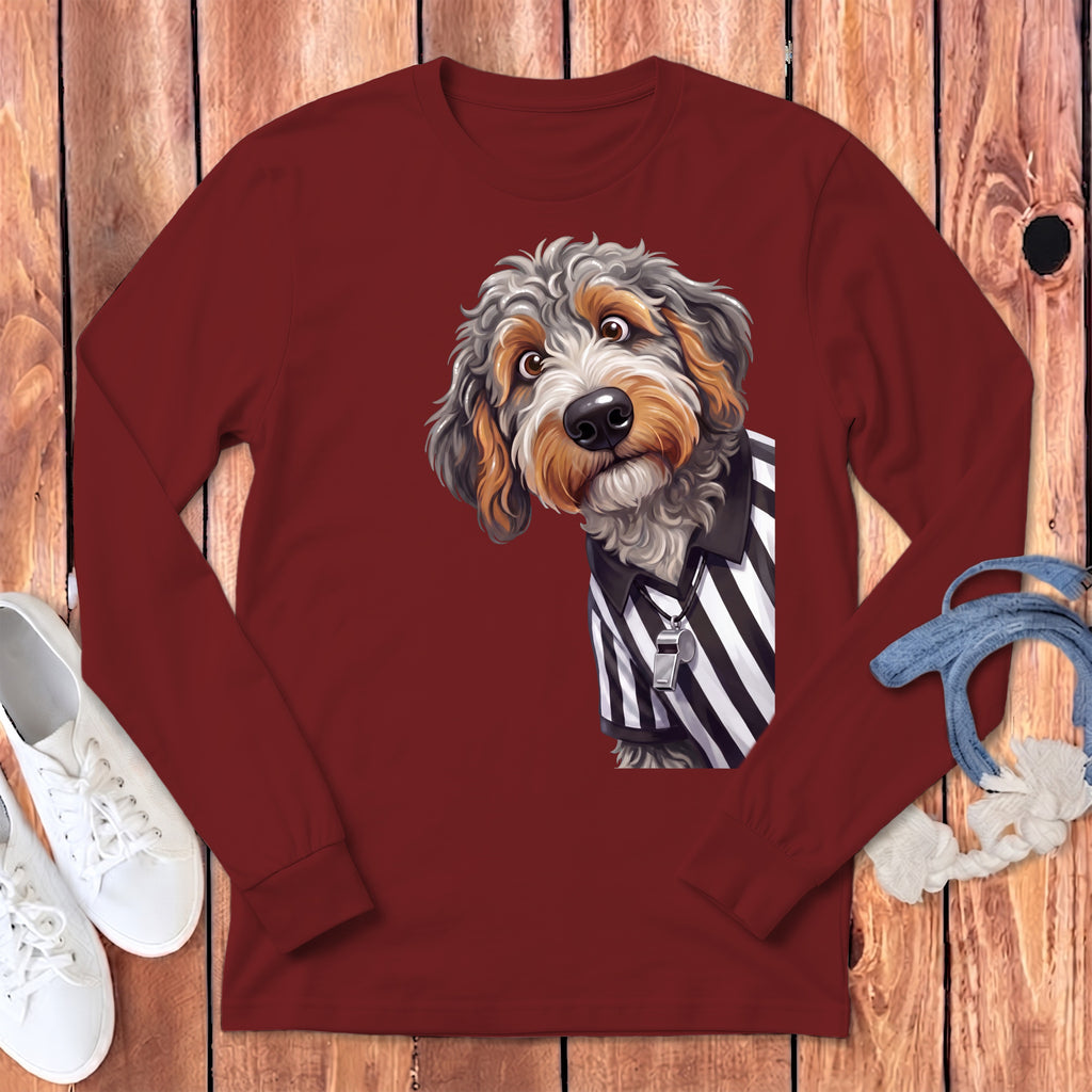 Long sleeve shirt with a cartoon dog wearing a referee shirt and whistle.