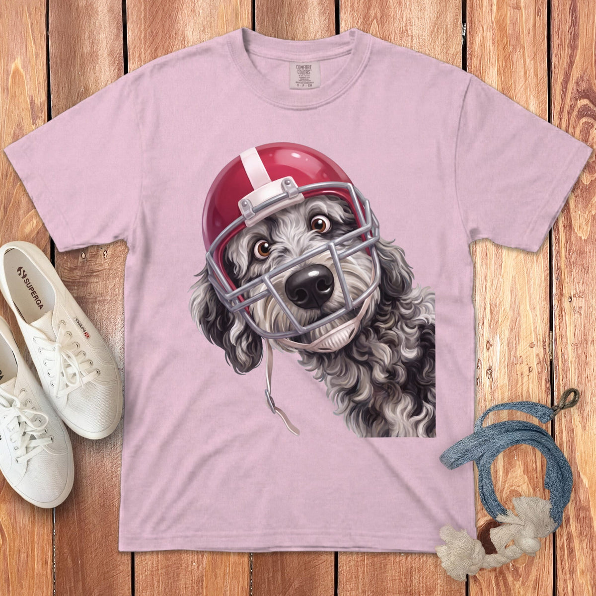 Merle Goldendoodle Football Helmet Signature T-Shirt in Blossom / S by Puppy Jo
