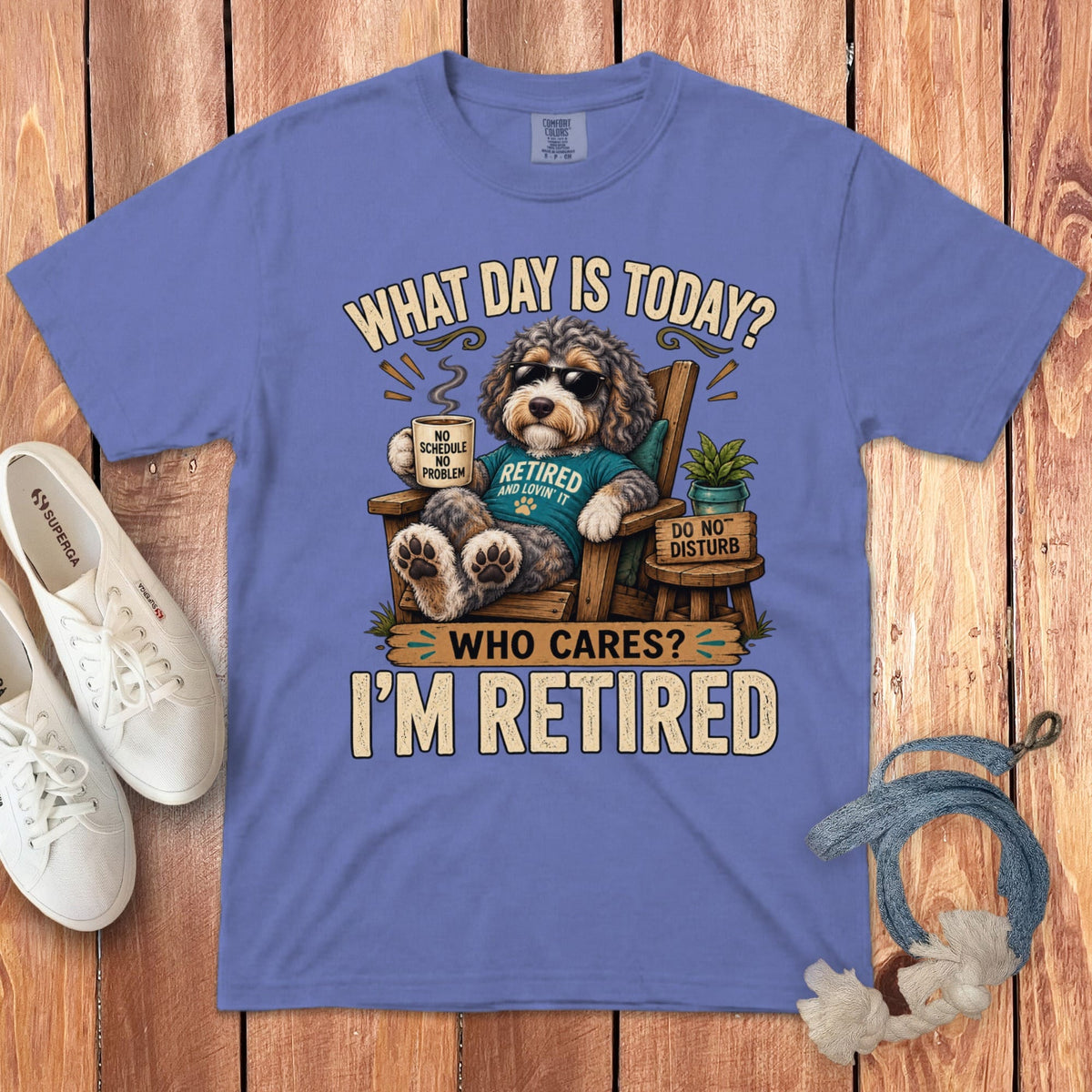 I'm Retired Aussiedoodle Signature T-Shirt in Flo Blue / S by Puppy Jo