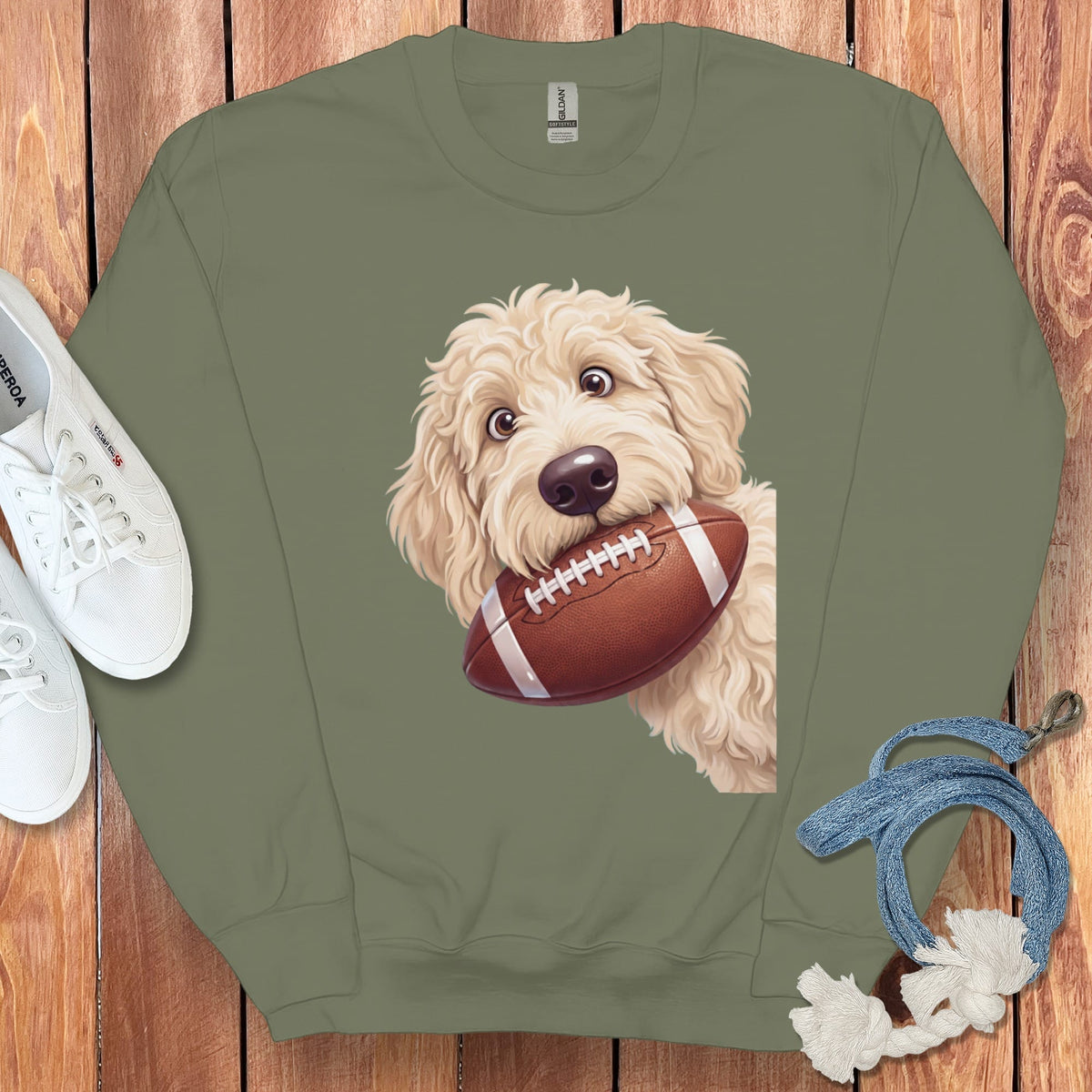 Cream Goldendoodle Football Sweatshirt in Military Green / S by Puppy Jo