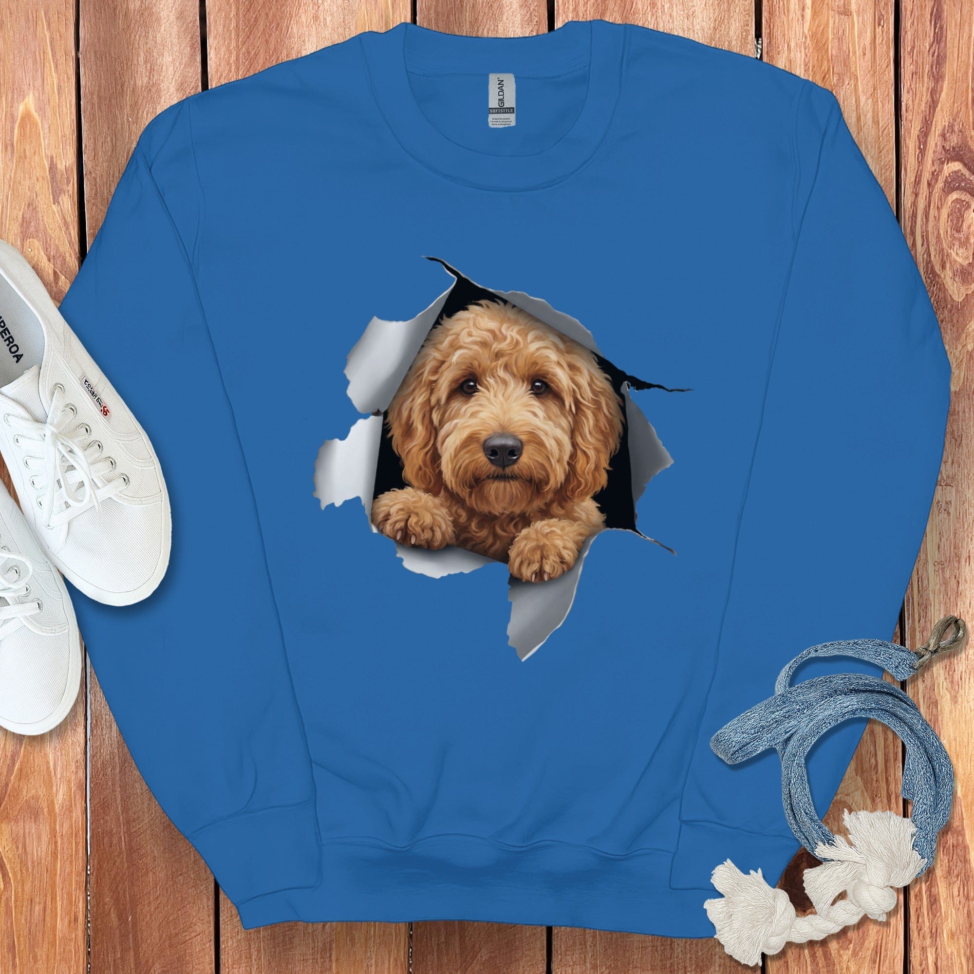 Adorable Dog Breaking Through Graphic Sweater