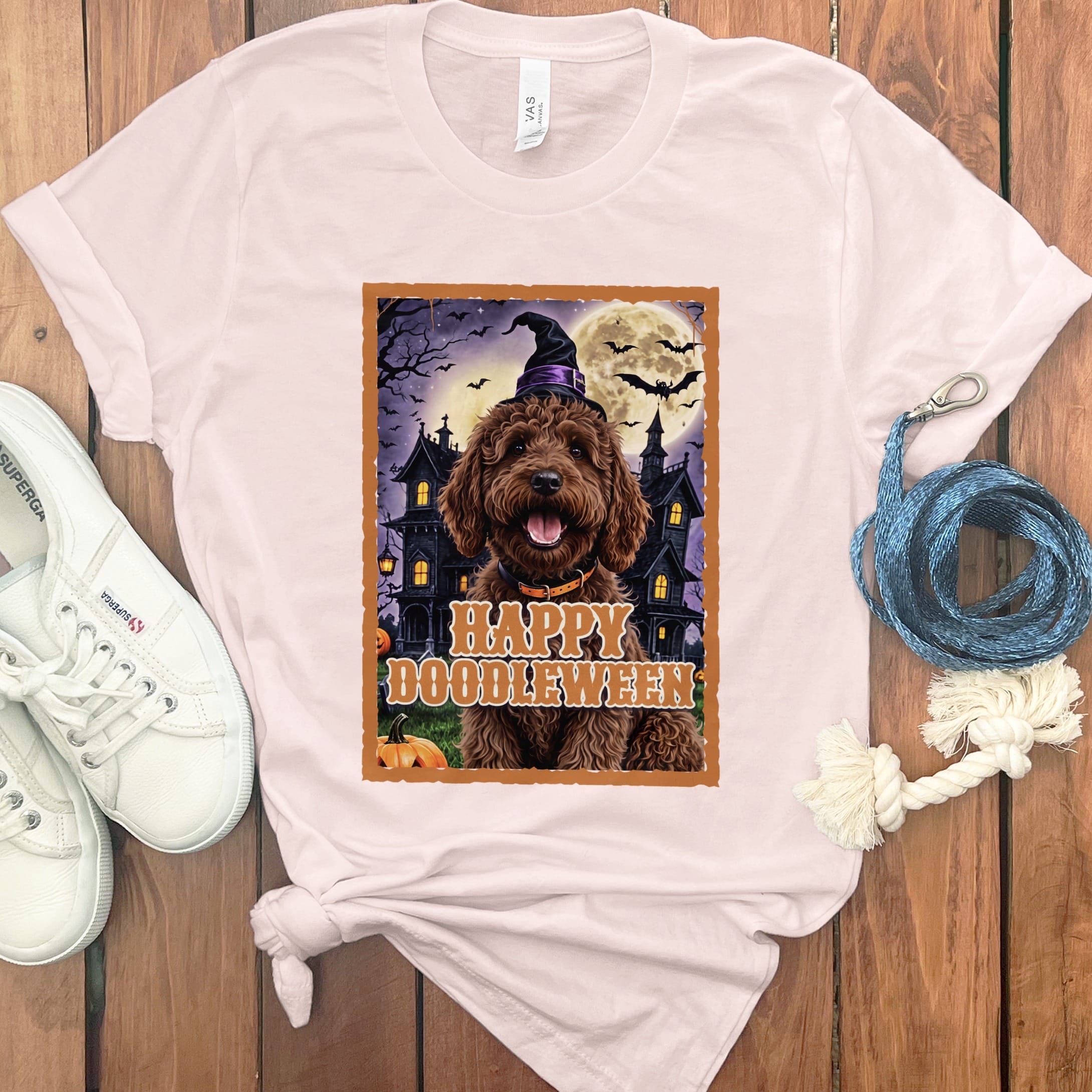 Chocolate Goldendoodle Happy Doodleween T-Shirt in Soft Pink / M by Puppy Jo