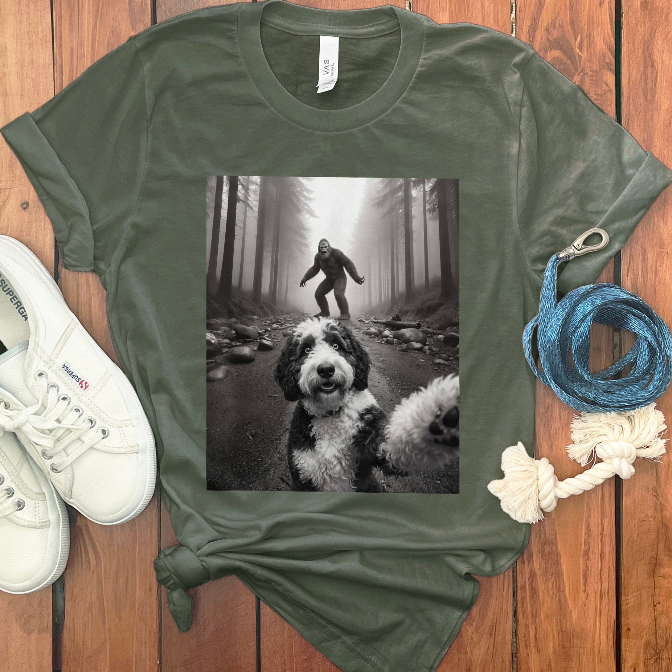 Dog in Forest with Person Print T-Shirt Graphic Apparel