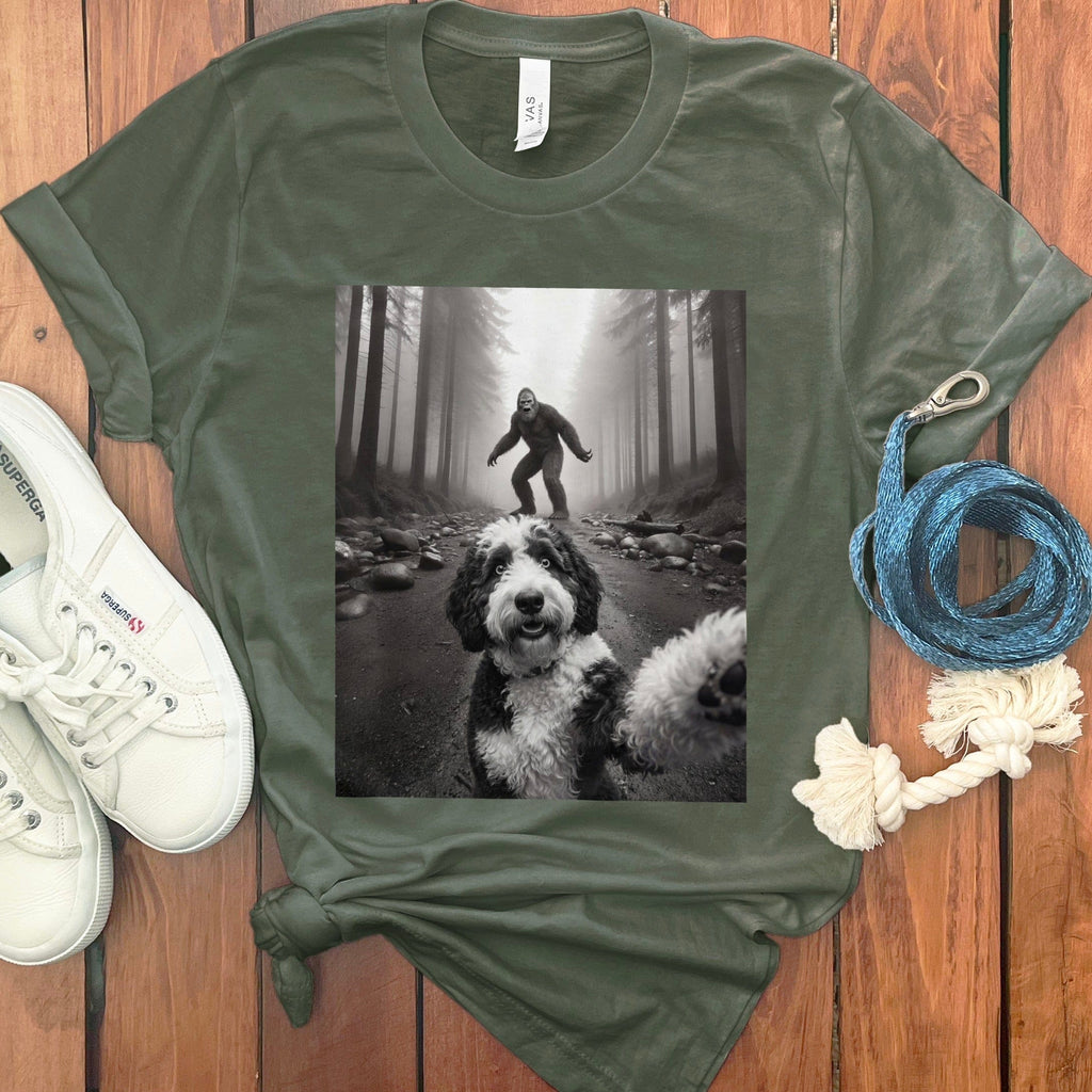 Dog in Forest with Person Print T-Shirt Graphic Apparel