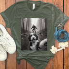 Dog in Forest with Person Print T-Shirt Graphic Apparel