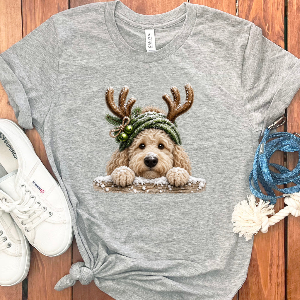 Grey t-shirt with a festive doodle dog graphic wearing antlers and a snow-covered beanie.