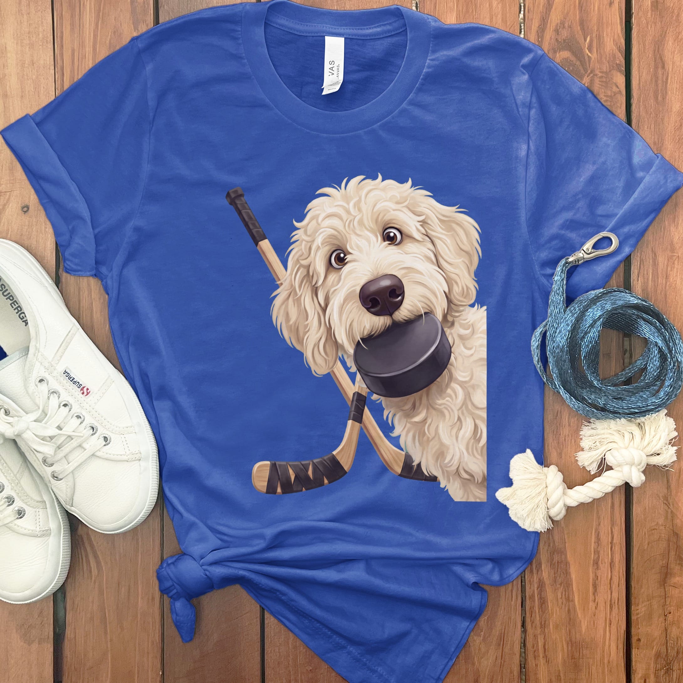 Cream Goldendoodle Hockey T-Shirt in True Royal / S by Puppy Jo