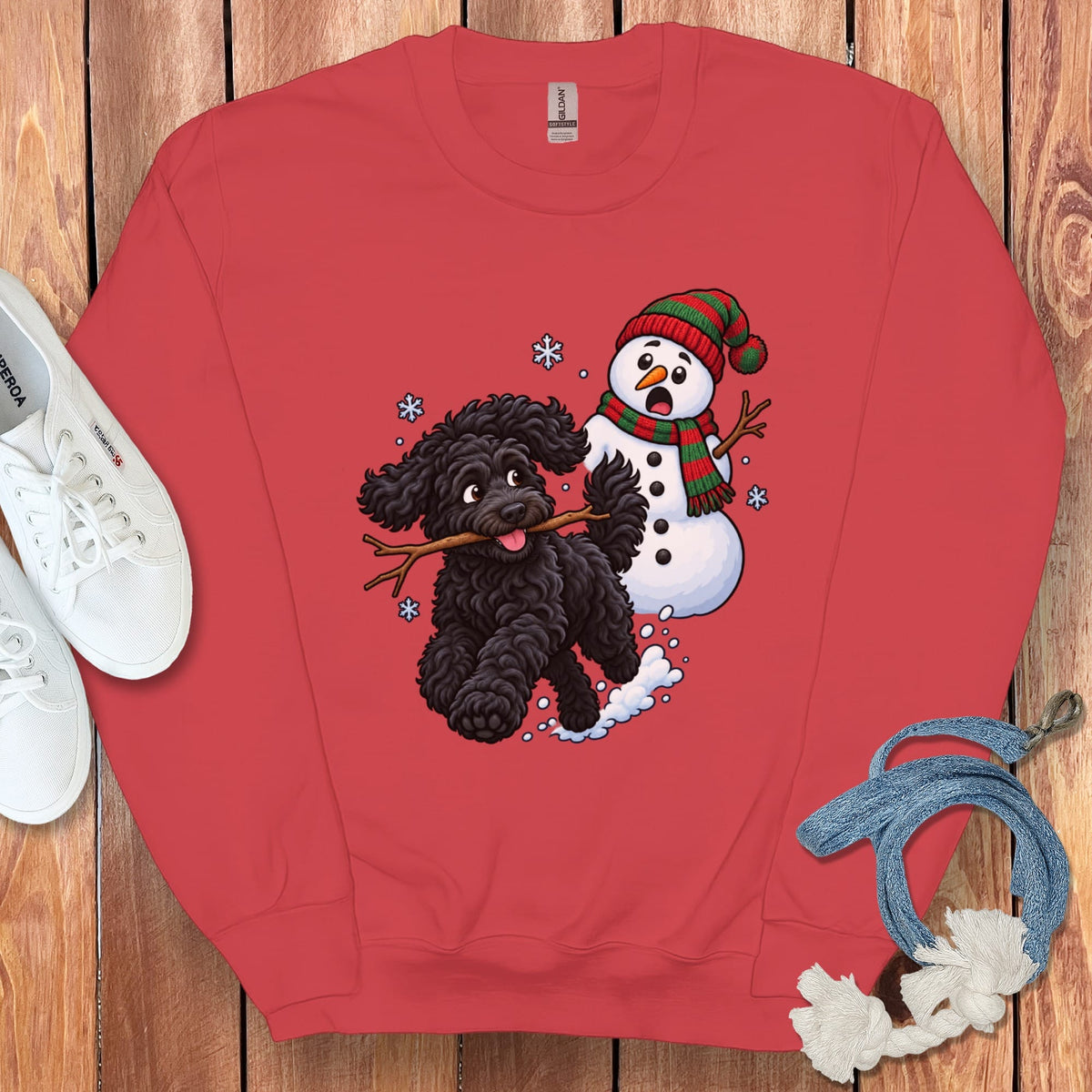 Black Goldendoodle Snowman Sweatshirt in Red / S by Puppy Jo