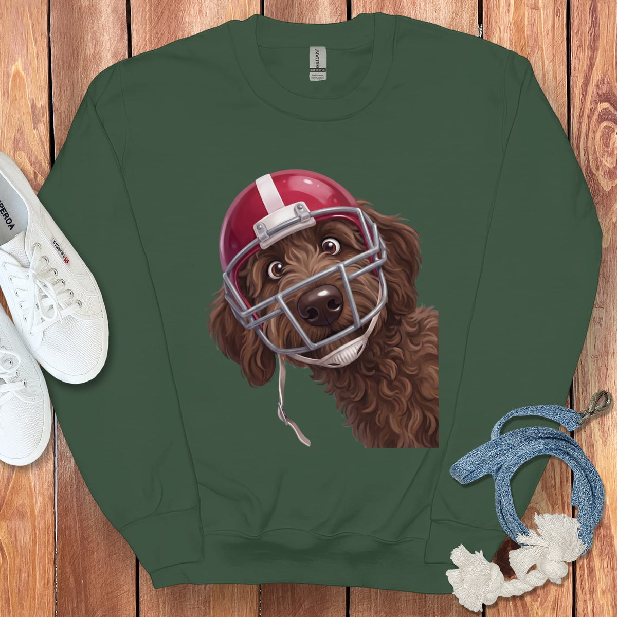 Chocolate Goldendoodle Football Helmet Sweatshirt in Forest Green / S by Puppy Jo