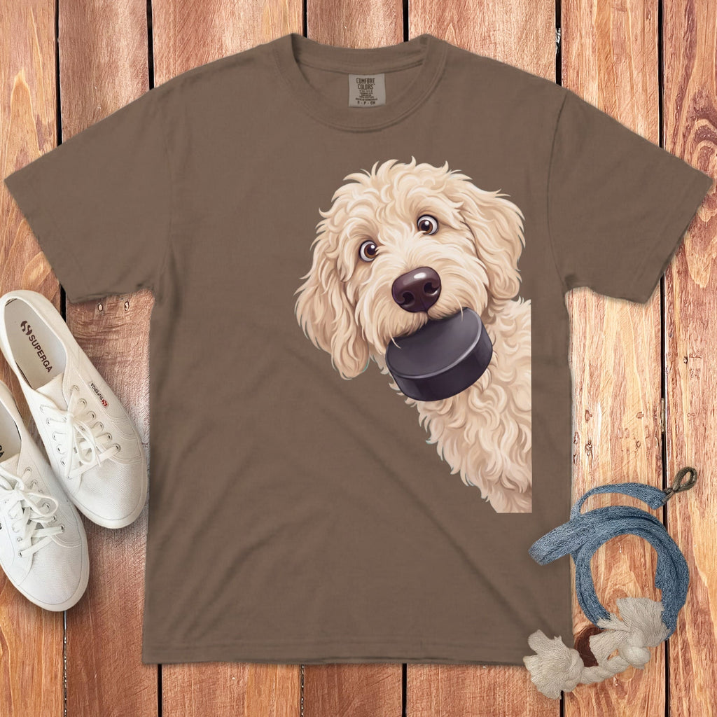 Cream Goldendoodle Hockey Puck Signature T-Shirt in Espresso / S by Puppy Jo