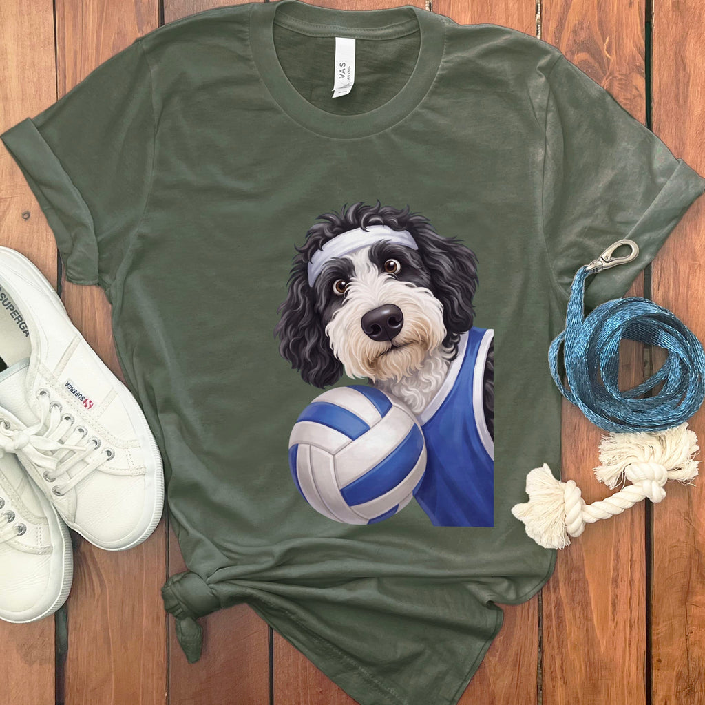 Sheepadoodle Volleyballl Player T-Shirt in Military Green / S by Puppy Jo
