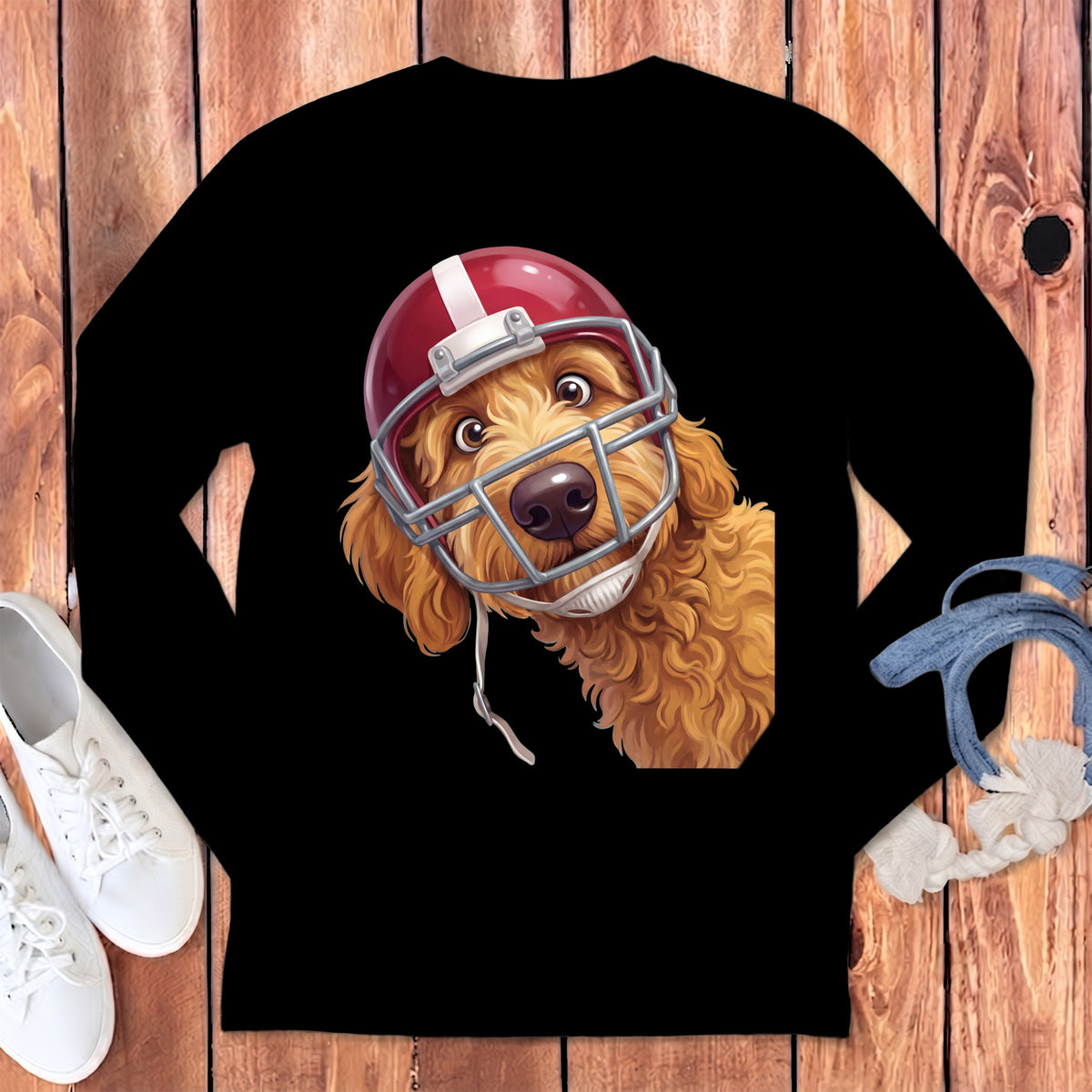 Golden doodle dog wearing a red and white football helmet.