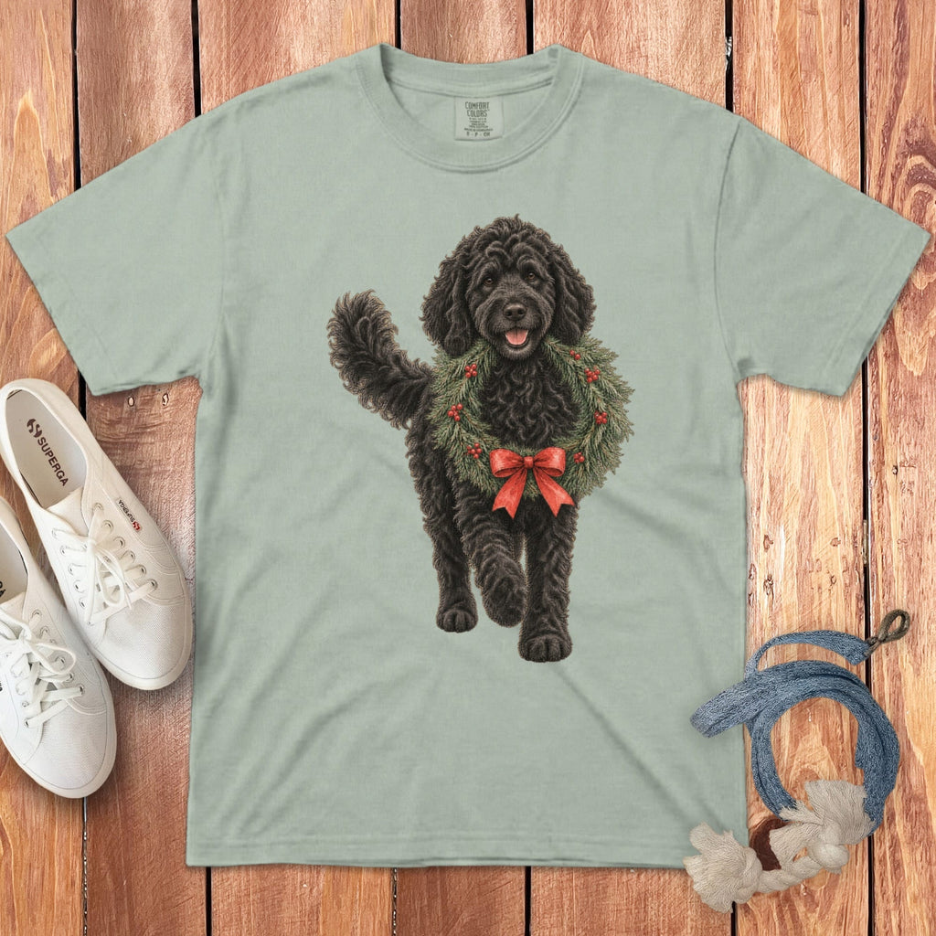 Black Goldendoodle Wreath Signature T-Shirt in Bay / S by Puppy Jo