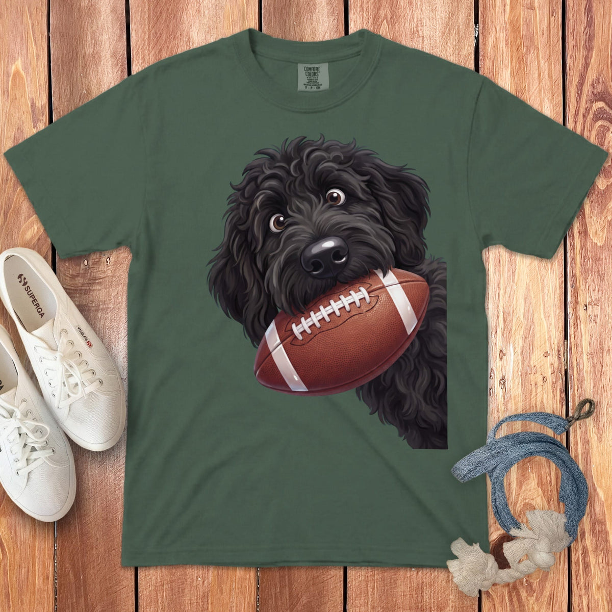 Black Goldendoodle Football Signature T-Shirt in Blue Spruce / S by Puppy Jo