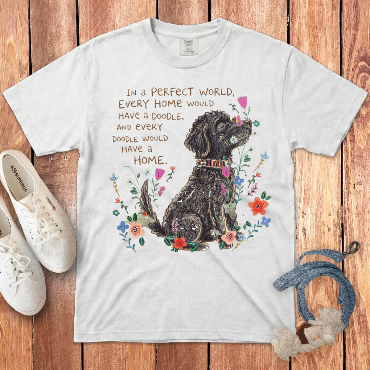 Perfect World Black Goldendoodle Signature T-Shirt in White / S by Puppy Jo