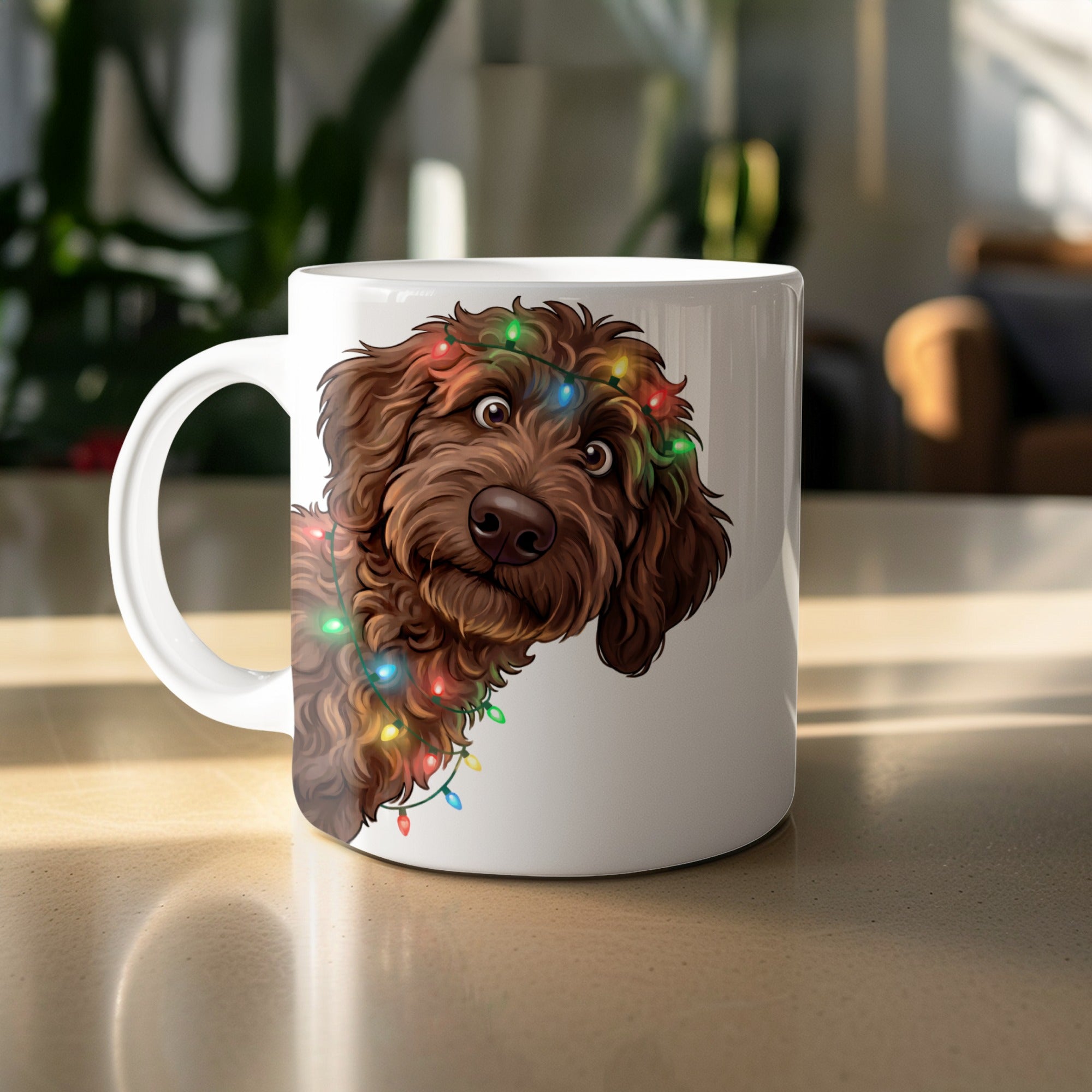 White mug with brown dog wearing colorful Christmas lights and a surprised expression.
