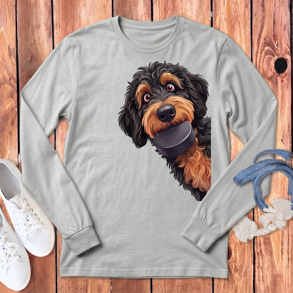 Phantom Goldendoodle Hockey Puck Long Sleeve T-Shirt in Athletic Heather / S by Puppy Jo