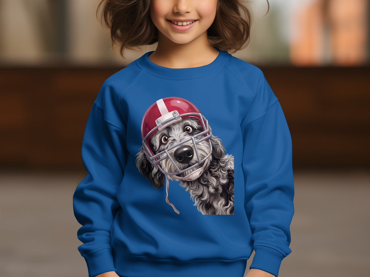 Blue sweatshirt with a drawing of a dog wearing a football helmet.