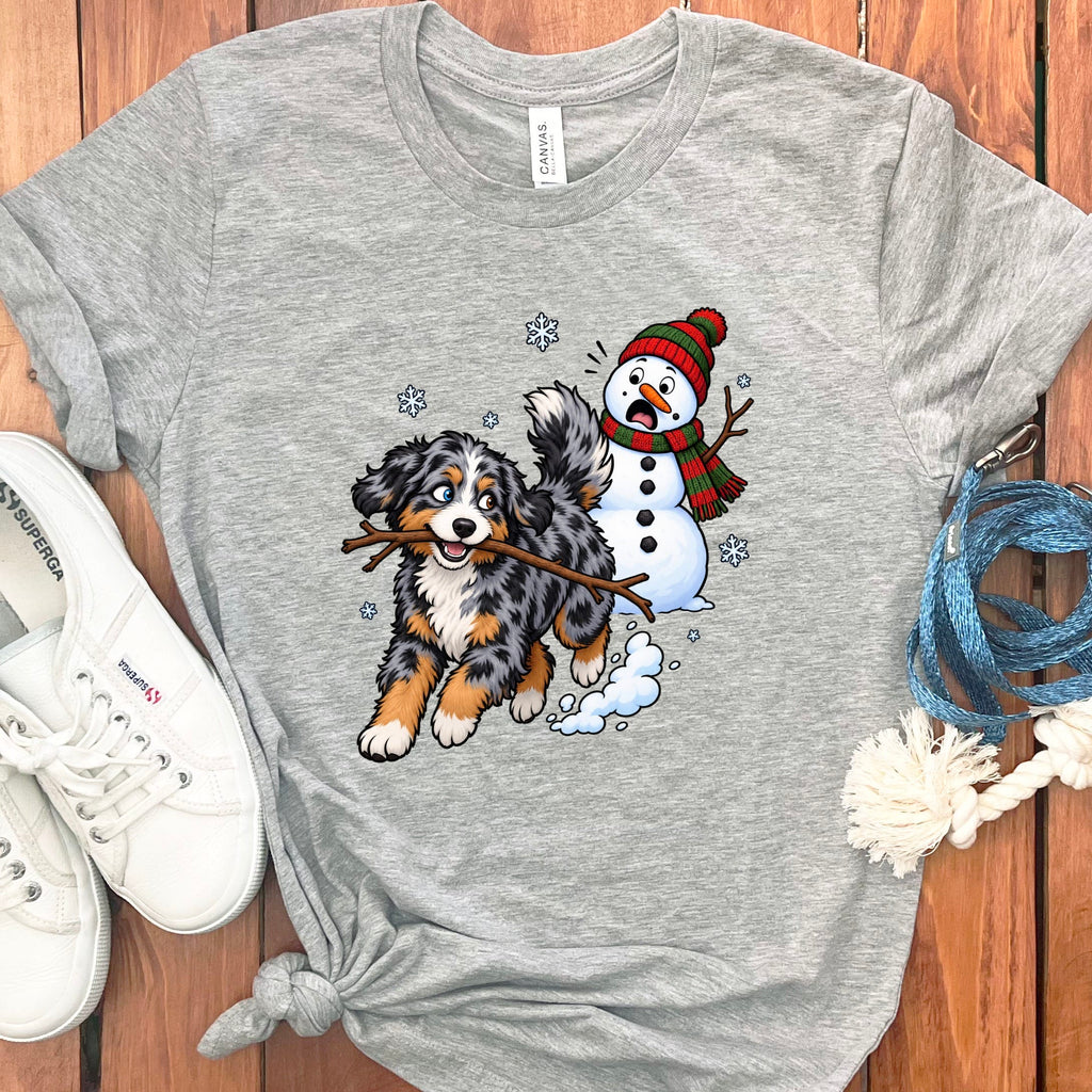 Aussiedoodle Snowman T-Shirt in Athletic Heather / S by Puppy Jo