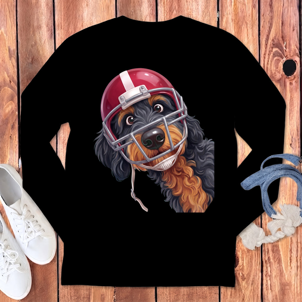 Black long-sleeve shirt with illustration of a dog wearing a red football helmet.