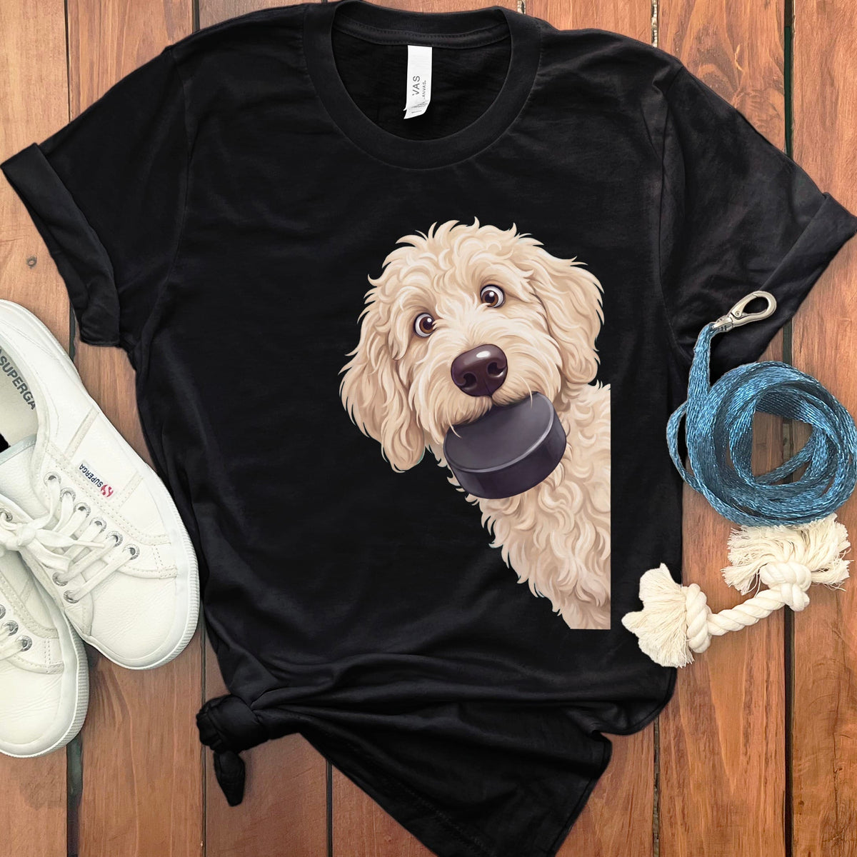 Cream Goldendoodle Hockey Puck T-Shirt in Black / S by Puppy Jo