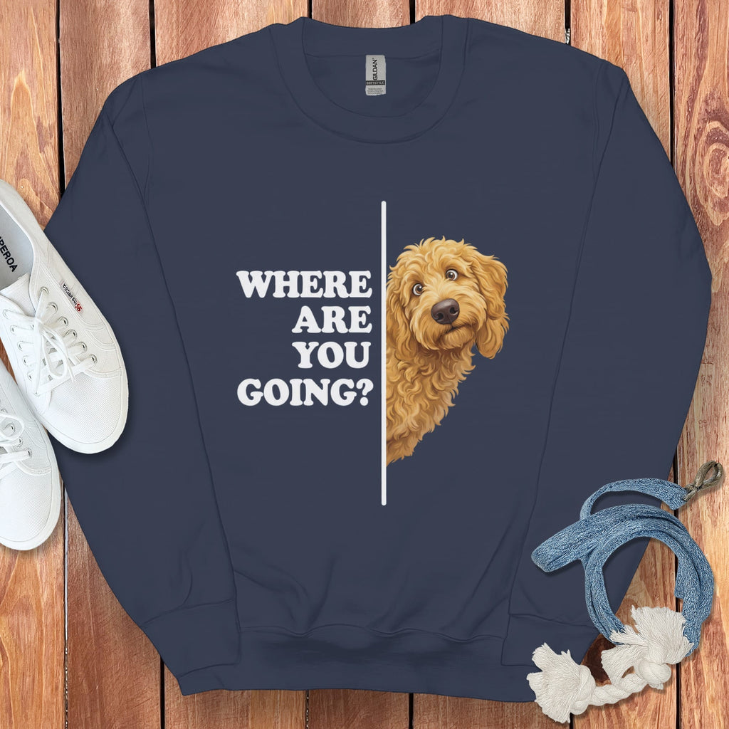 Where Going Apricot Goldendoodle Sweatshirt in Navy / S by Puppy Jo