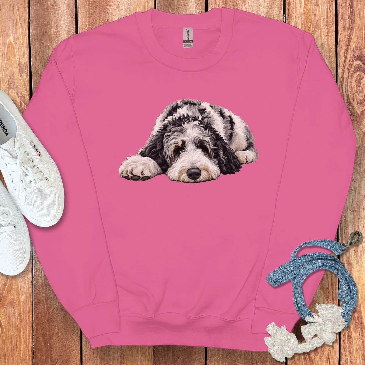 Merle Goldendoodle Snoozing Sweatshirt in Heliconia / S by Puppy Jo