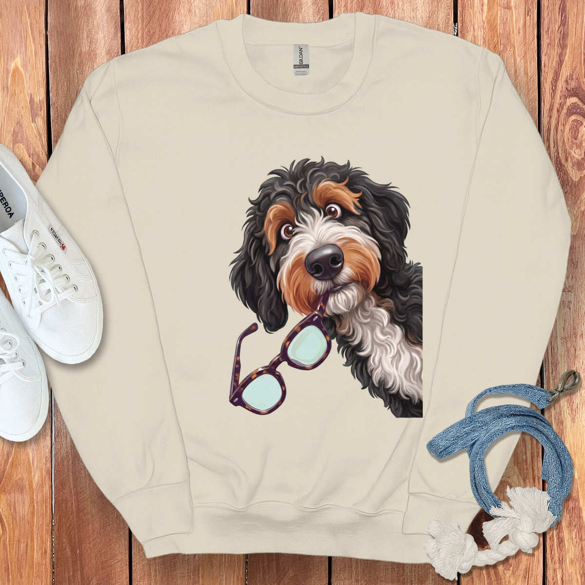 A cream-colored crewneck sweatshirt featuring a graphic of a Bernedoodle dog holding glasses in its mouth, laid flat on a wooden surface with white sneakers and a blue leash.
