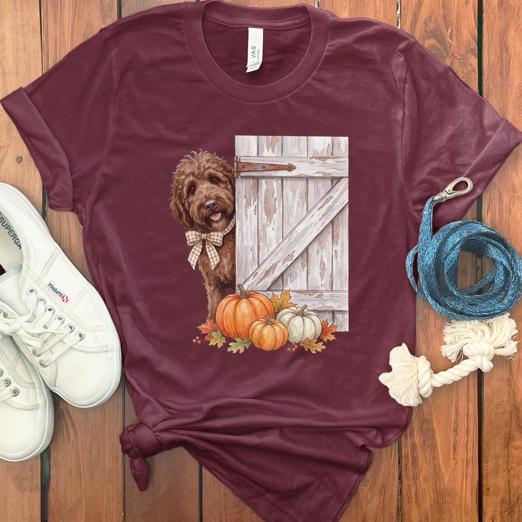 Chocolate Goldendoodle Barn Peeking T-Shirt in Maroon / S by Puppy Jo