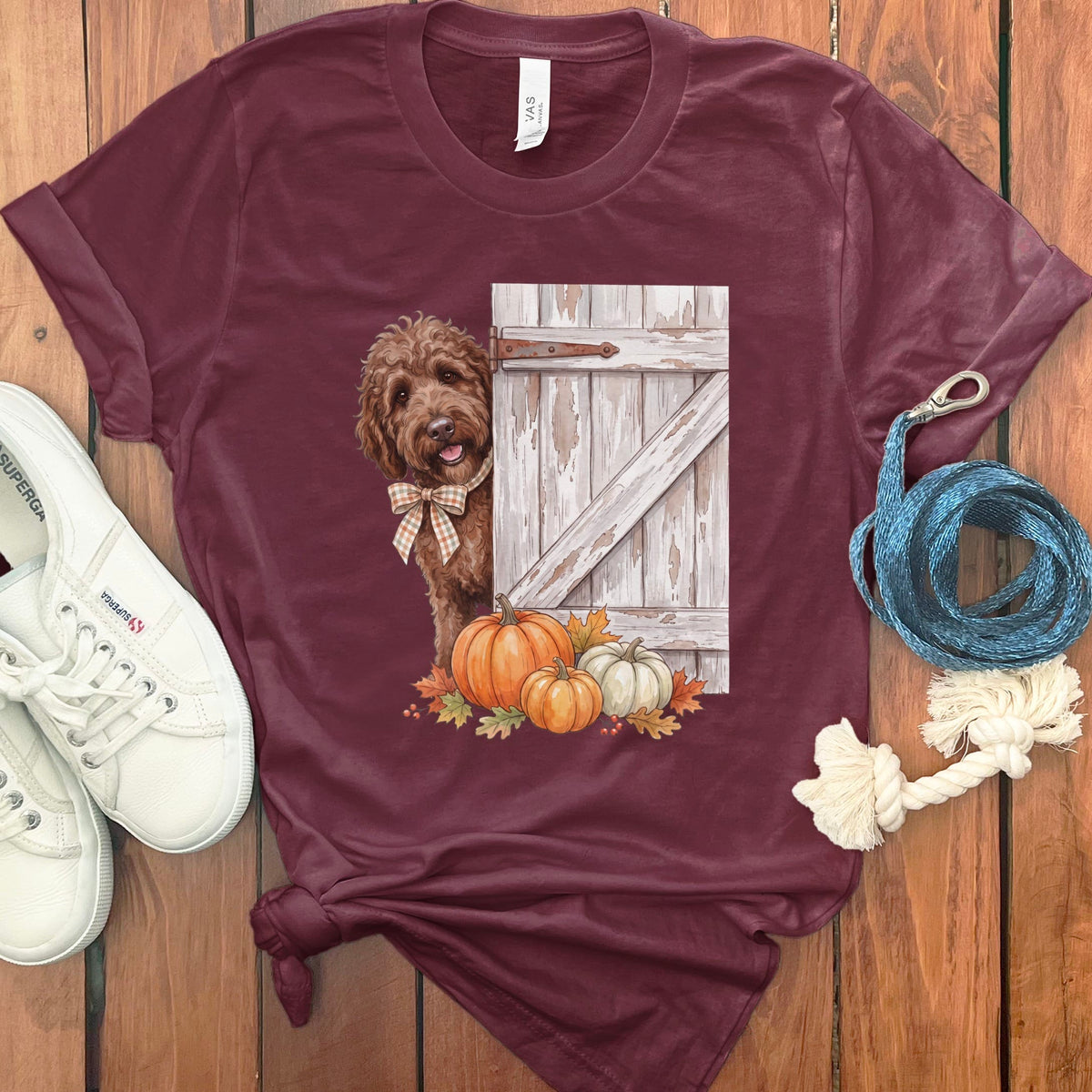 Chocolate Goldendoodle Barn Peeking T-Shirt in Maroon / S by Puppy Jo