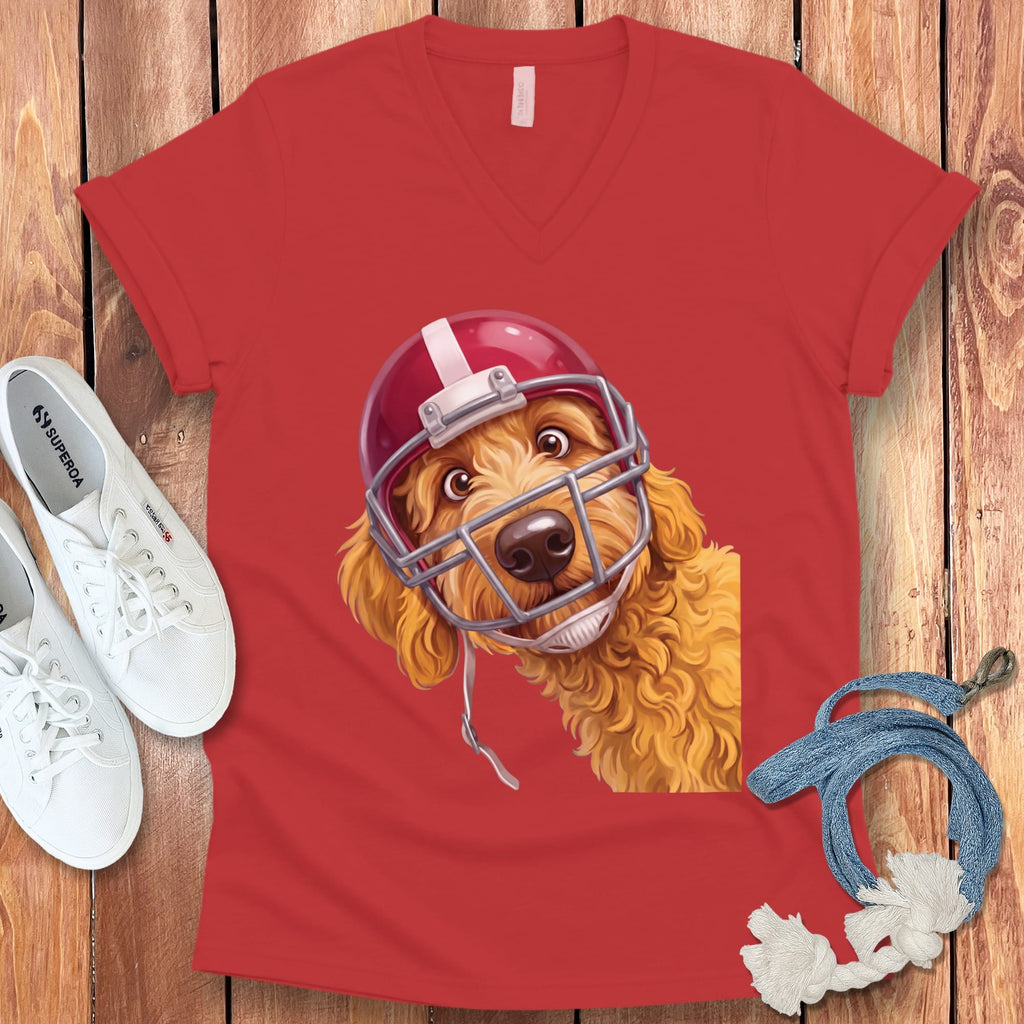 Golden Goldendoodle Football Helmet V-Neck T-Shirt in Red / S by Puppy Jo