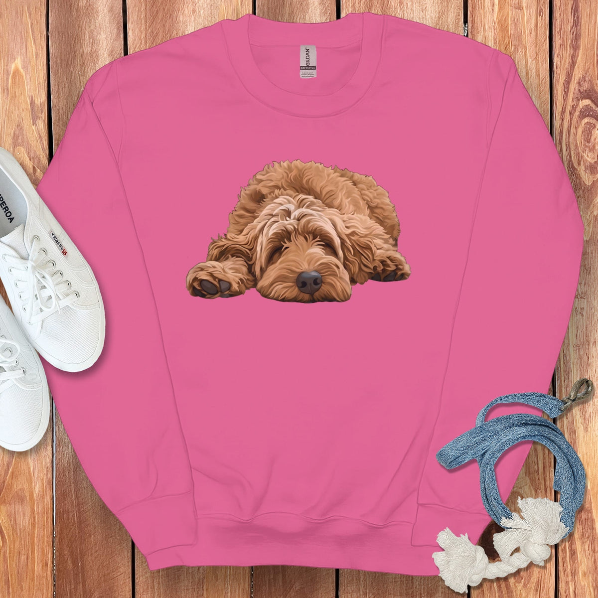 Apricot Goldendoodle Snoozing Sweatshirt in Heliconia / S by Puppy Jo