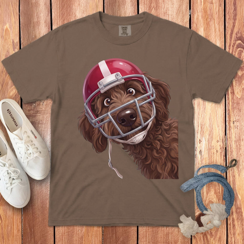 Brown t-shirt with cartoon dog wearing a red football helmet