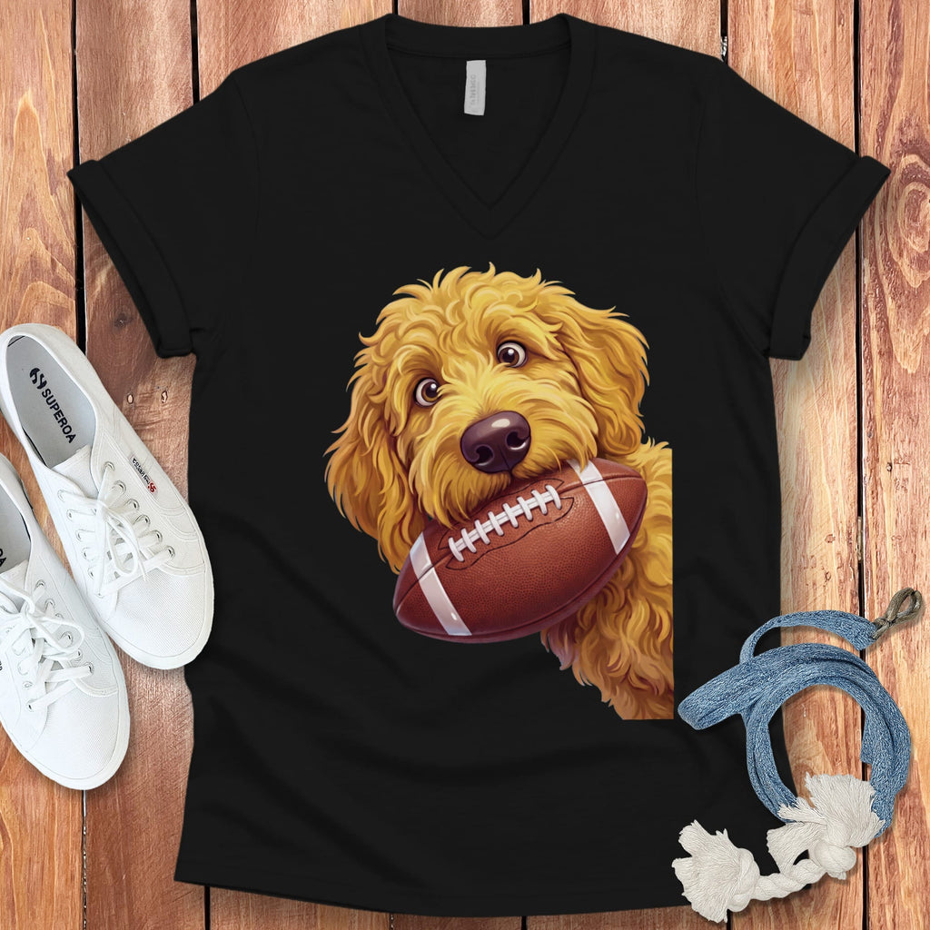 Golden Goldendoodle Football V-Neck T-Shirt in Black / S by Puppy Jo
