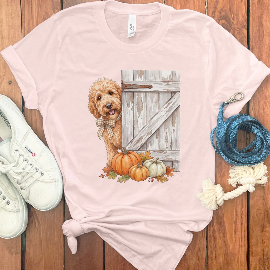 Apricot Goldendoodle Barn Peeking T-Shirt in Soft Pink / S by Puppy Jo