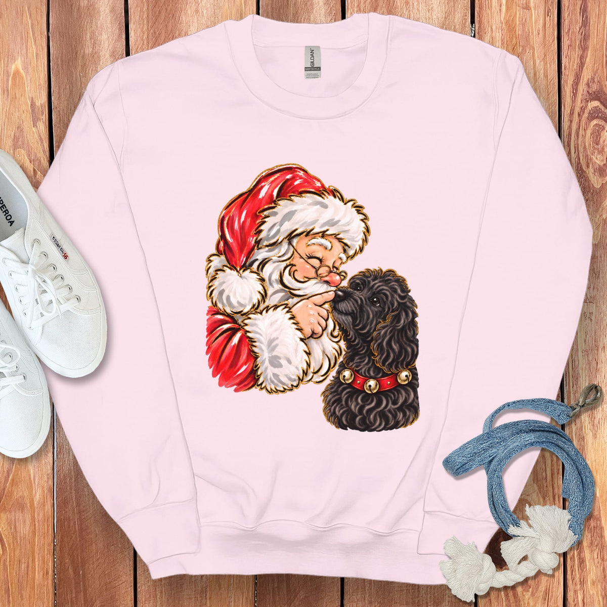 Black Goldendoodle Santa Kiss Sweatshirt in Light Pink / S by Puppy Jo