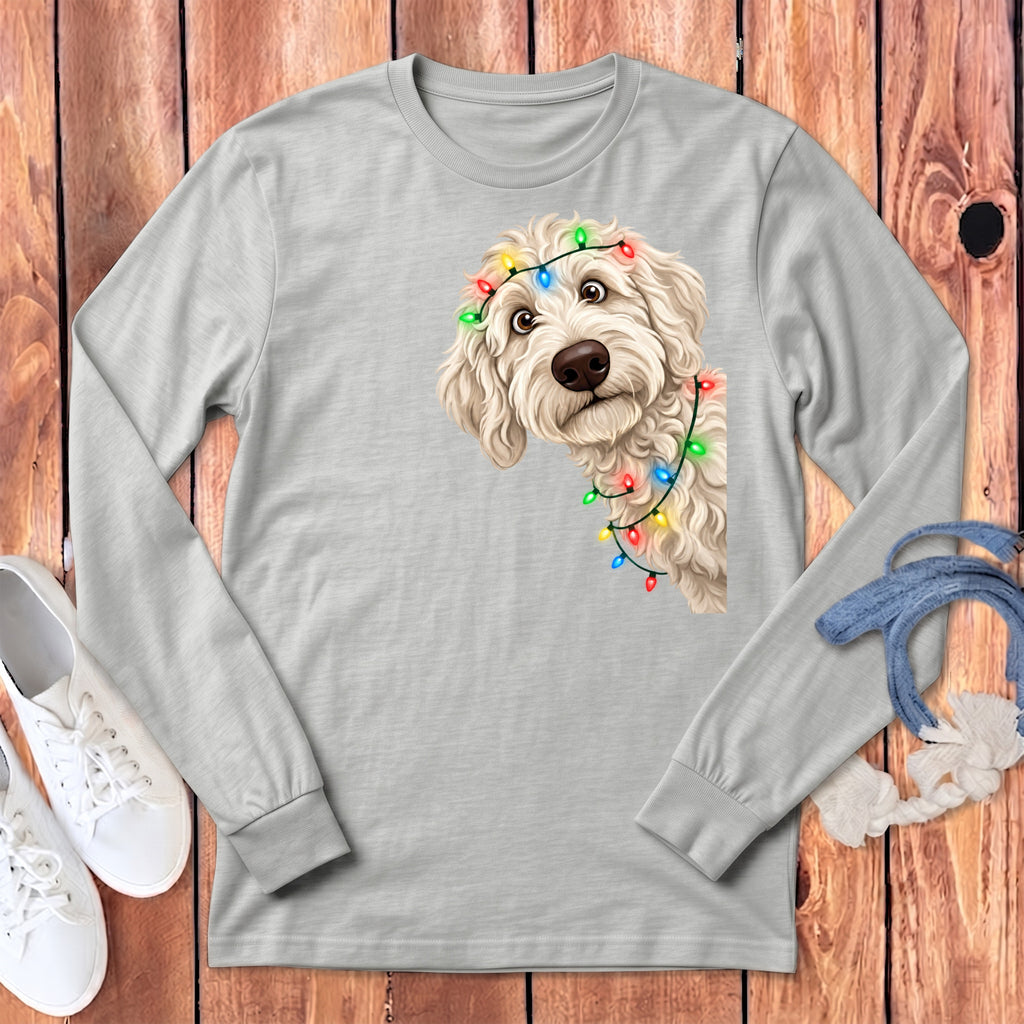 Light gray long-sleeve shirt with a doodle dog wearing colorful Christmas lights.