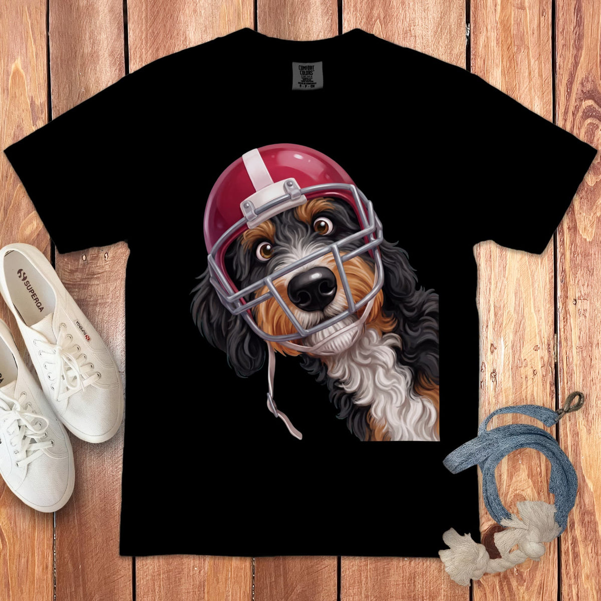 Bernedoodle Football Helmet Signature T-Shirt in Black / S by Puppy Jo