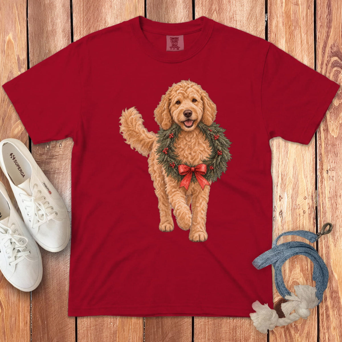 Apricot Goldendoodle Wreath Signature T-Shirt in Red / S by Puppy Jo