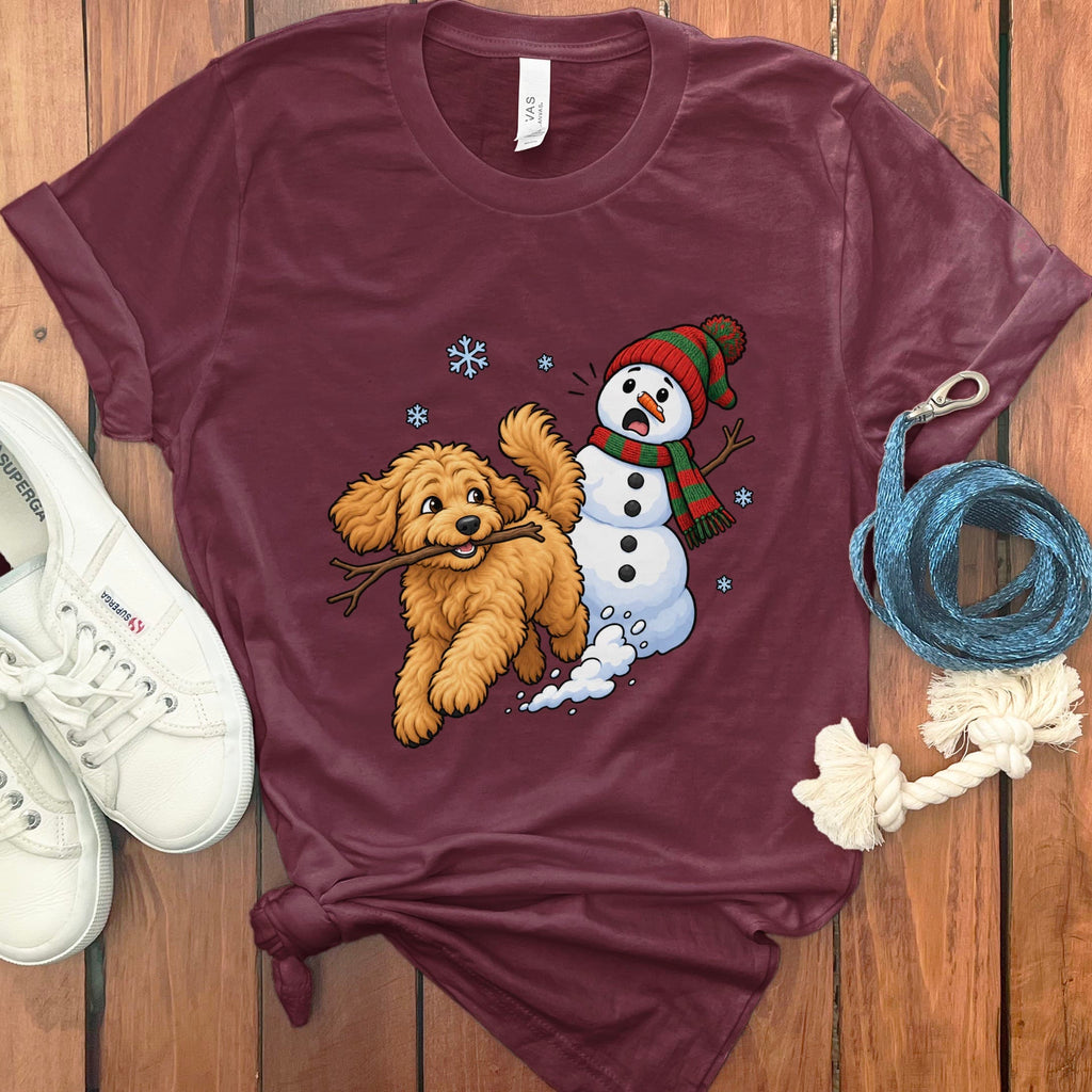Apricot Goldendoodle Snowman T-Shirt in Maroon / S by Puppy Jo