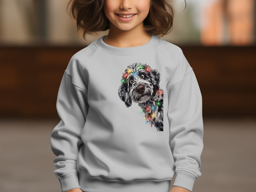 Gray sweatshirt with a black and white dog adorned with colorful Christmas lights.