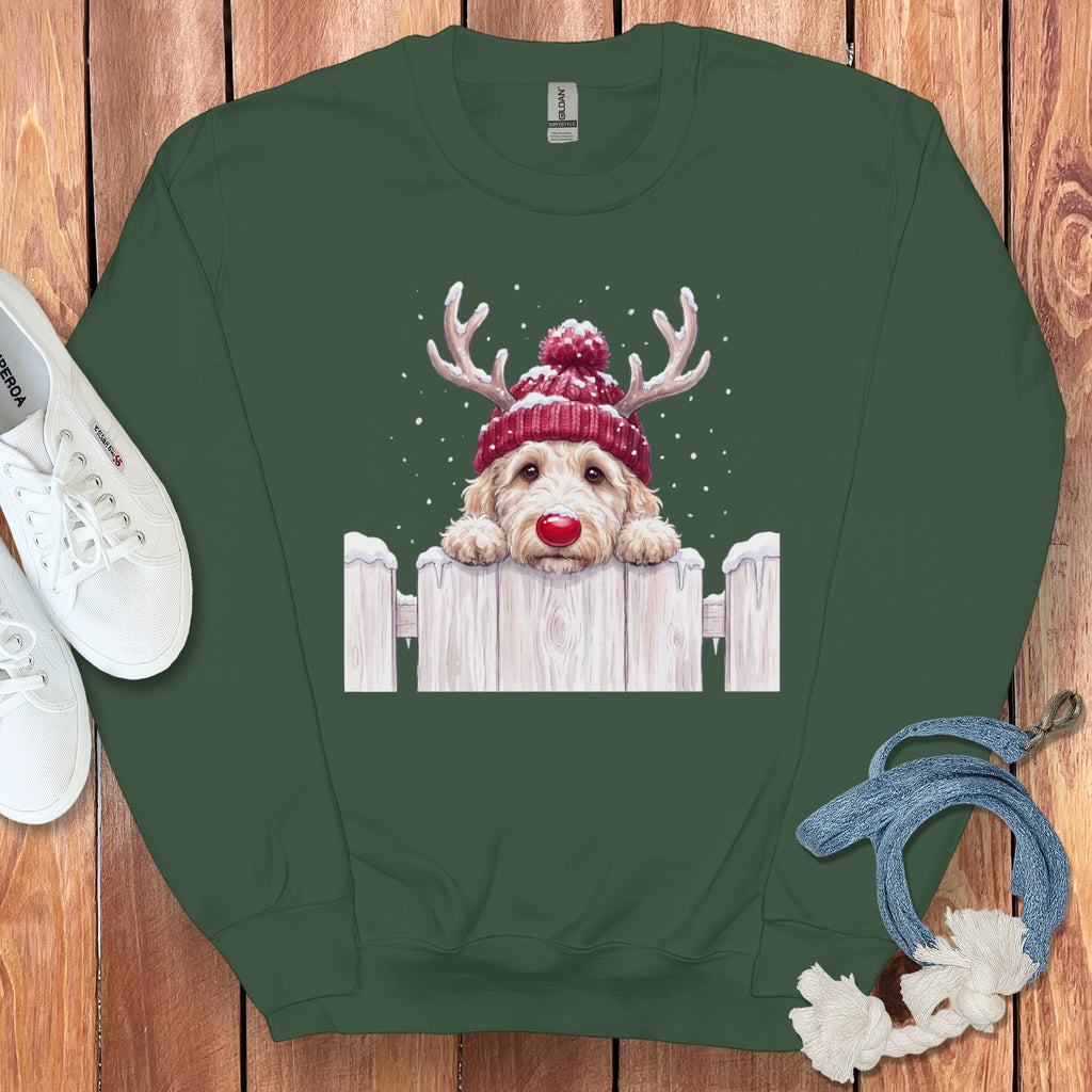 Green sweatshirt with a doodle dog wearing a red knitted hat and antlers.