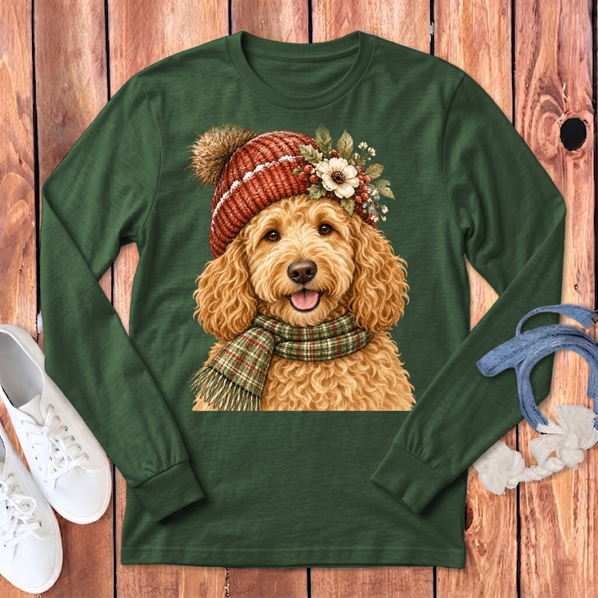Green long-sleeve shirt featuring a watercolor illustration of a goldendoodle dog wearing a knit hat and scarf.