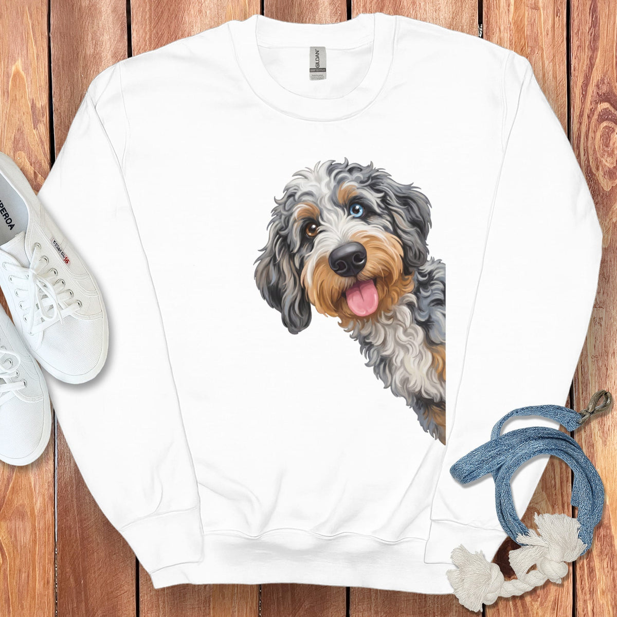 Tongue Out Aussiedoodle Sweatshirt in White / S by Puppy Jo
