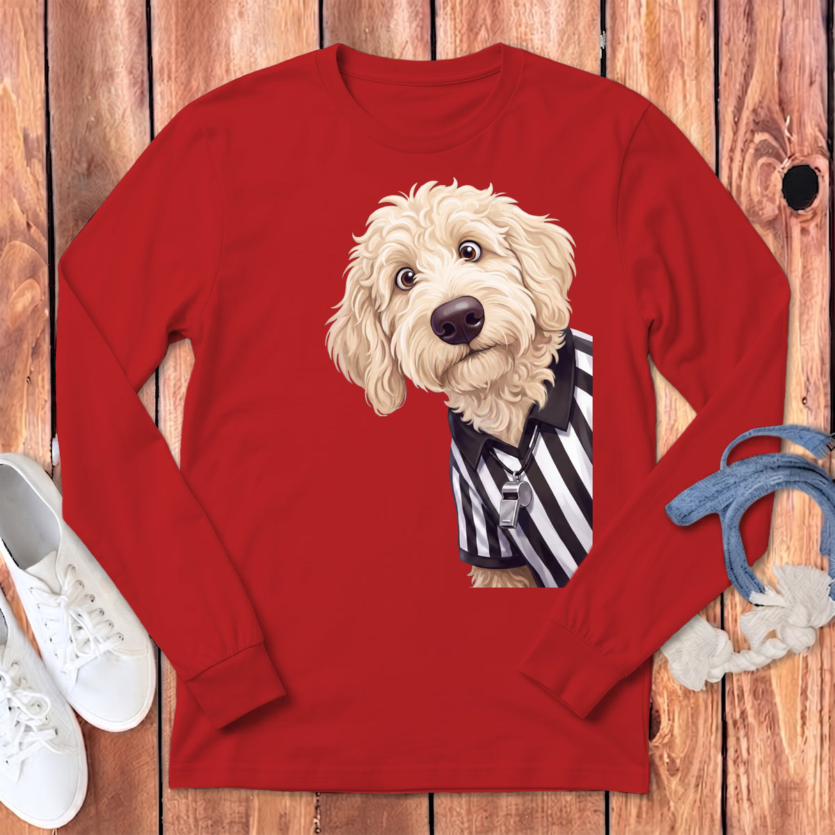 Cartoon dog wearing a referee uniform with a whistle on a red long-sleeve shirt.